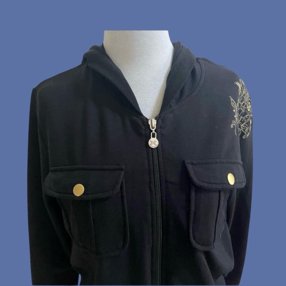 Crest Black Cropped Sweatshirt Hoodie Size XL Gold Embellished Shoulder - Picture 5 of 9